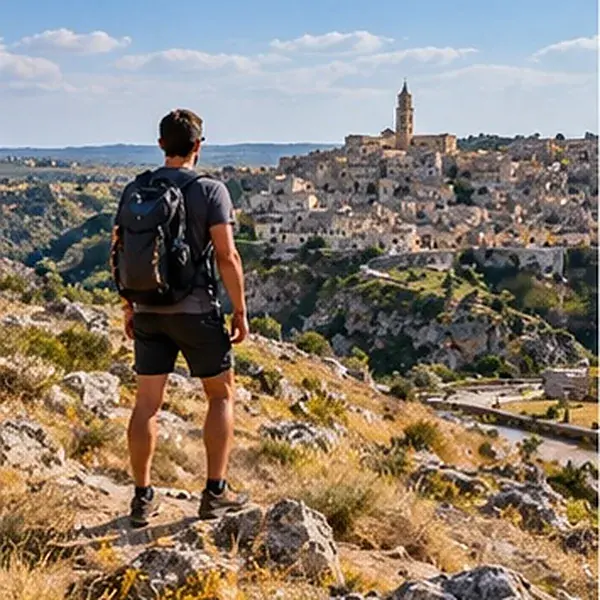 Wanderer auf einem felsigen Aussichtspunkt mit Blick auf Matera.