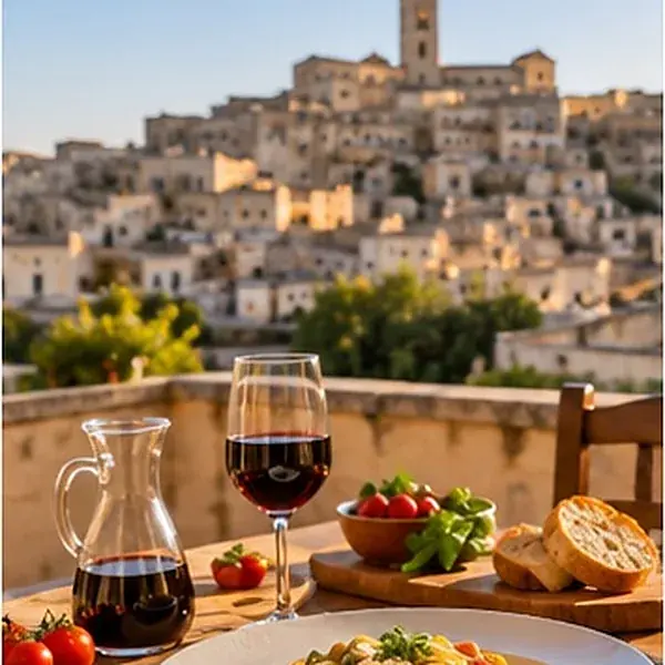 Brot, Tomaten und Rotwein auf einer Terrasse mit Blick auf Matera.