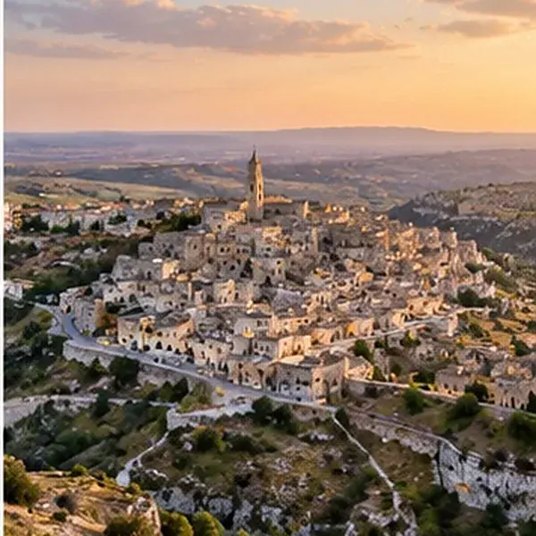 Panoramablick auf Matera und die umliegende Landschaft im Abendlicht.
