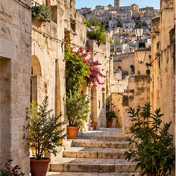 Steintreppe zwischen Häusern und bepflanzten Terrassen in Matera.