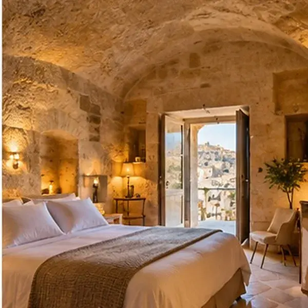 Hotelzimmer mit Bett unter einem Gewölbe aus Naturstein.